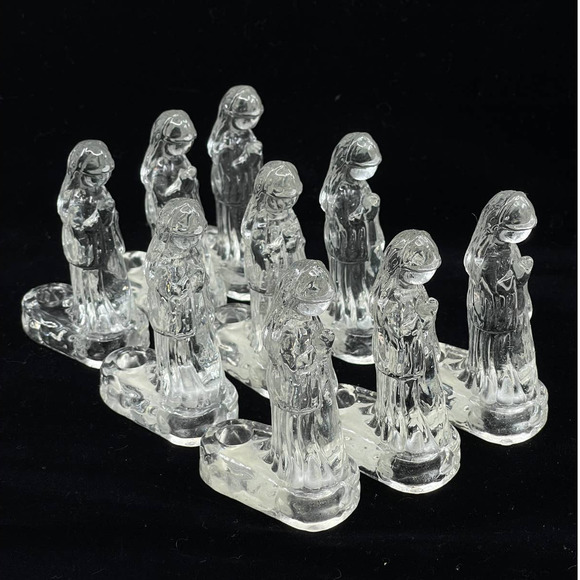 Set of 9 Vintage Clear Glass Prayer Candle Holders Kneeling Girl w Red Candles